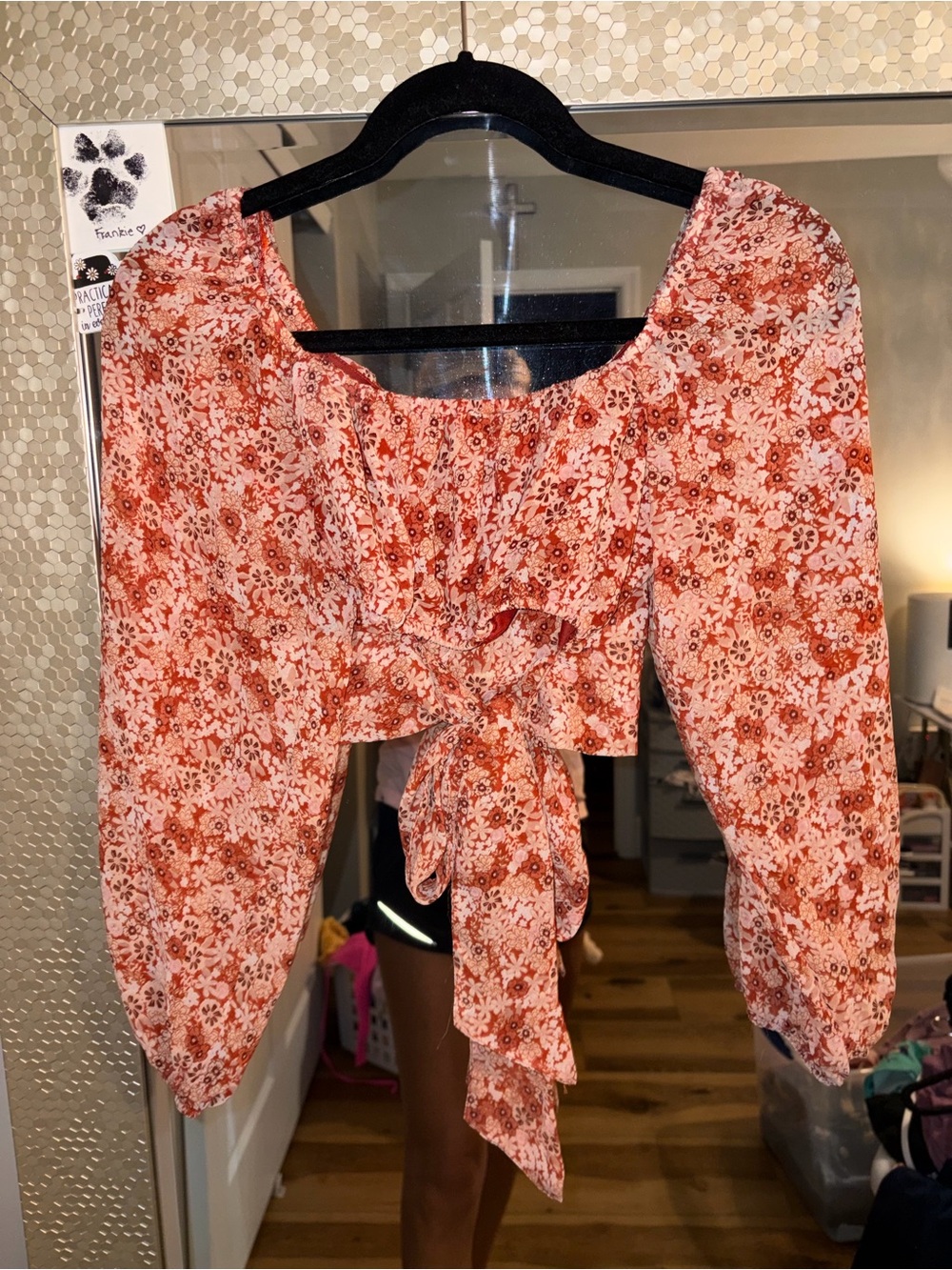 Japna Red Floral Tie-Front Puff Sleeve Crop Top